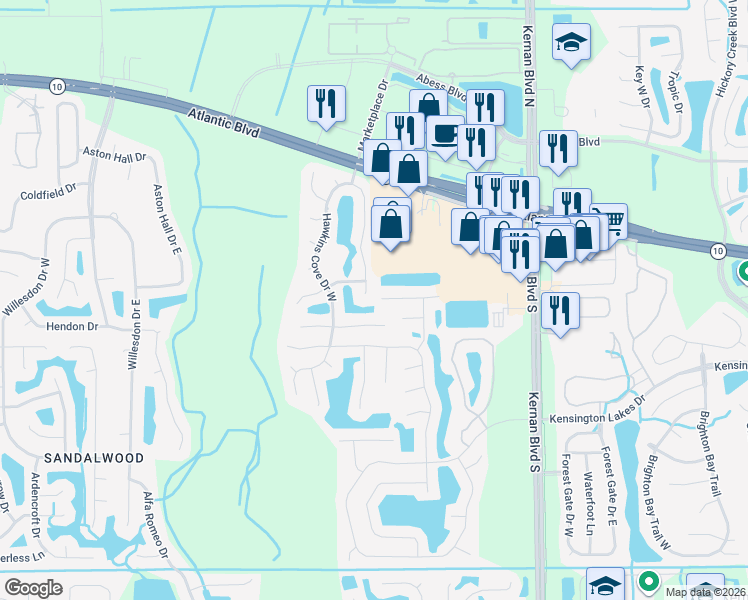map of restaurants, bars, coffee shops, grocery stores, and more near 1769 Hawkins Cove Drive East in Jacksonville