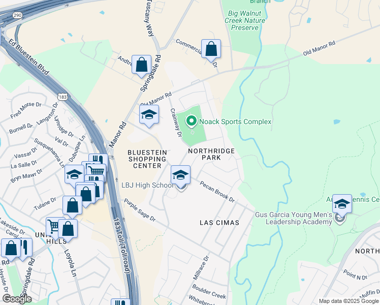 map of restaurants, bars, coffee shops, grocery stores, and more near 7517 Lazy Creek Drive in Austin