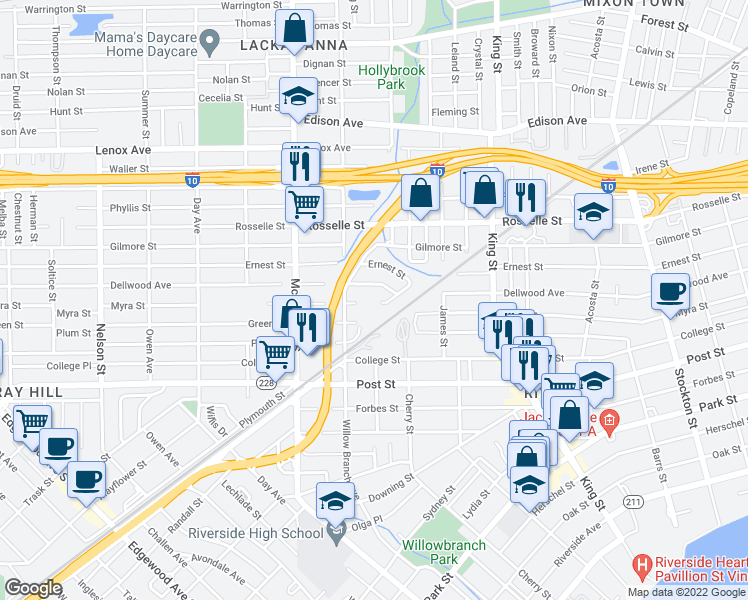 map of restaurants, bars, coffee shops, grocery stores, and more near 2857 Myra Street in Jacksonville