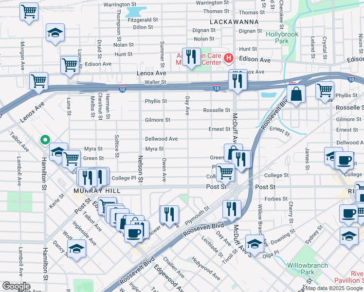 map of restaurants, bars, coffee shops, grocery stores, and more near 3213 Myra Street in Jacksonville
