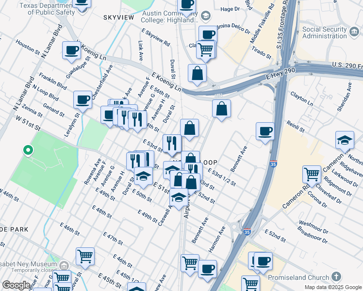 map of restaurants, bars, coffee shops, grocery stores, and more near 5315 Martin Avenue in Austin