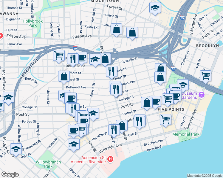 map of restaurants, bars, coffee shops, grocery stores, and more near 2502 Dellwood Avenue in Jacksonville