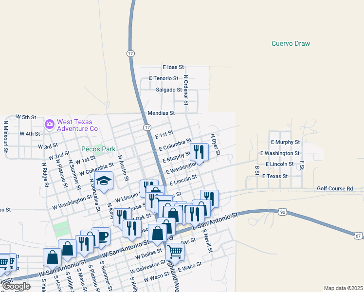 map of restaurants, bars, coffee shops, grocery stores, and more near 400 East Columbia Street in Marfa