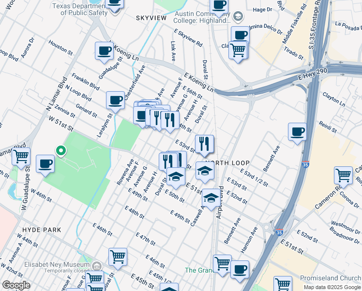 map of restaurants, bars, coffee shops, grocery stores, and more near 5214 Duval Street in Austin