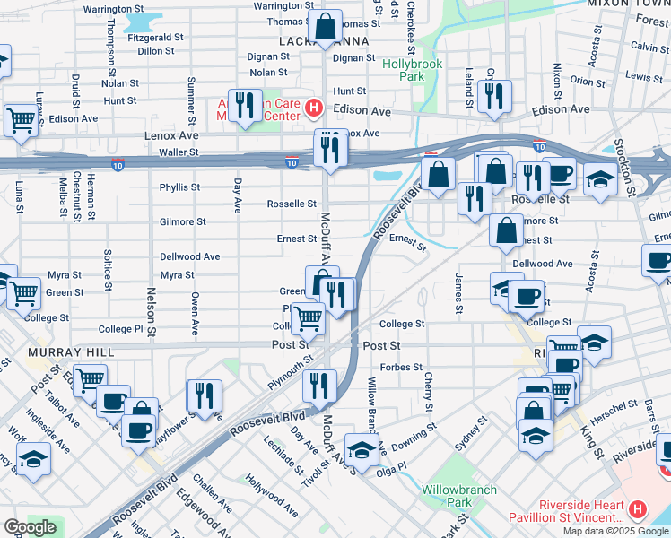 map of restaurants, bars, coffee shops, grocery stores, and more near 2985 Myra Street in Jacksonville