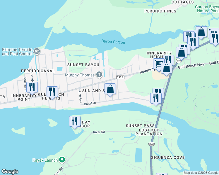 map of restaurants, bars, coffee shops, grocery stores, and more near 5713 Japonica Avenue in Pensacola