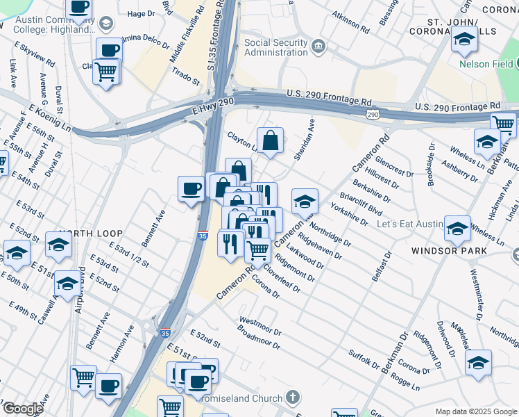 map of restaurants, bars, coffee shops, grocery stores, and more near 1045 Reinli Street in Austin