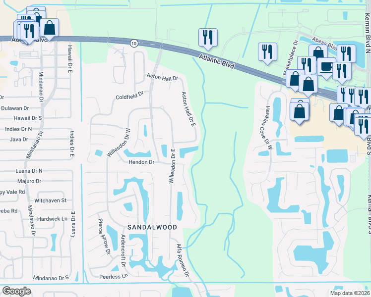 map of restaurants, bars, coffee shops, grocery stores, and more near 11382 Aston Hall Drive South in Jacksonville