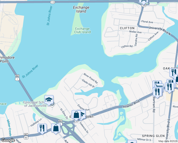 map of restaurants, bars, coffee shops, grocery stores, and more near 4949 River Point Road in Jacksonville