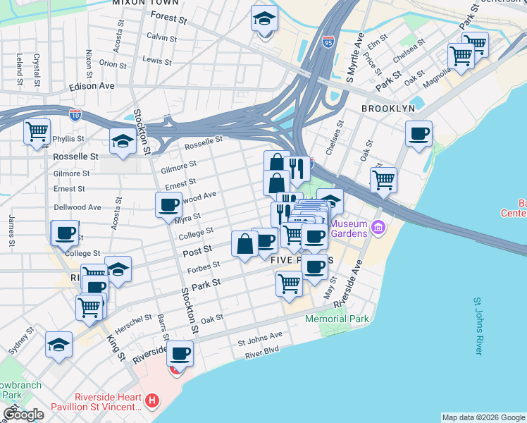 map of restaurants, bars, coffee shops, grocery stores, and more near 873 Goodwin Street in Jacksonville