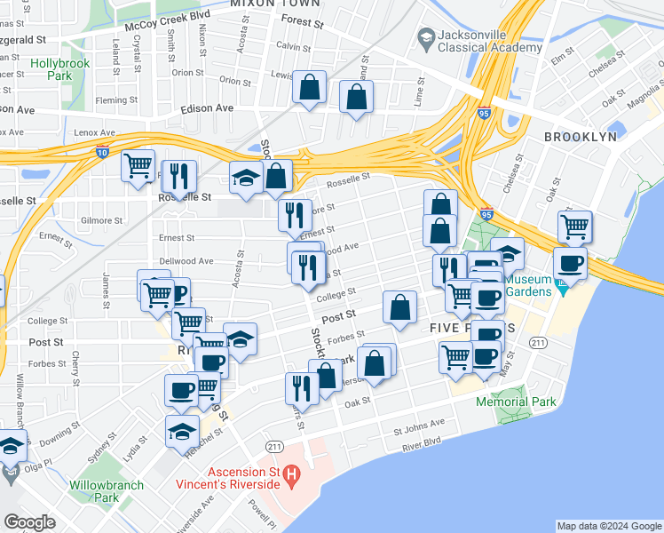 map of restaurants, bars, coffee shops, grocery stores, and more near 2316 Dellwood Avenue in Jacksonville