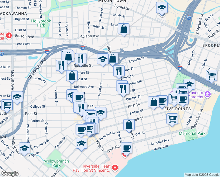 map of restaurants, bars, coffee shops, grocery stores, and more near 2550 Dellwood Avenue in Jacksonville