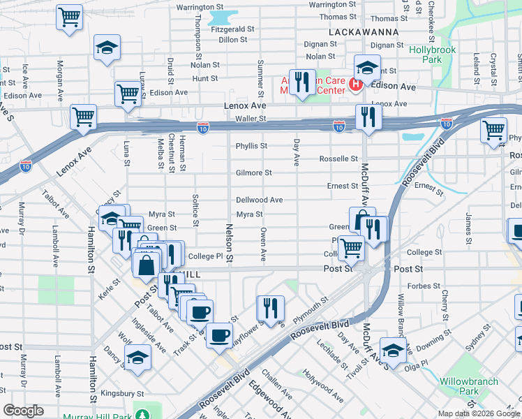 map of restaurants, bars, coffee shops, grocery stores, and more near 3323 Myra Street in Jacksonville