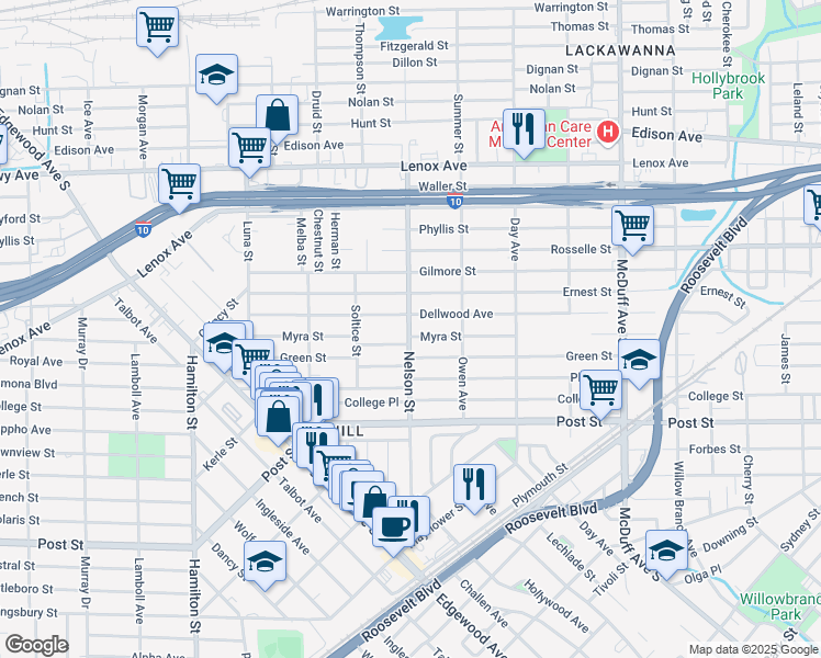 map of restaurants, bars, coffee shops, grocery stores, and more near 816 Nelson Street in Jacksonville