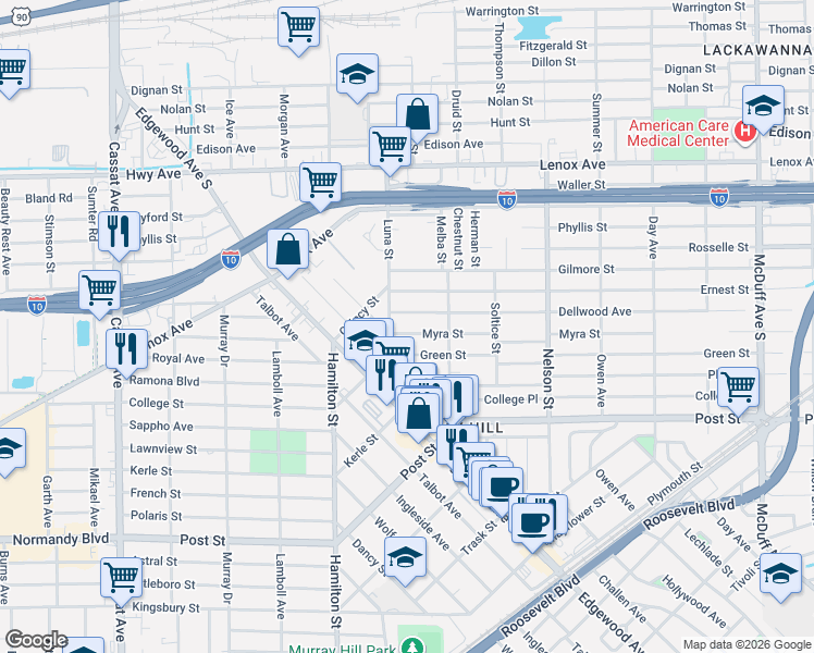 map of restaurants, bars, coffee shops, grocery stores, and more near 629 Comet Street in Jacksonville