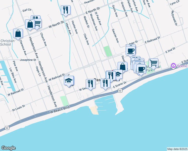 map of restaurants, bars, coffee shops, grocery stores, and more near 205-251 Hunter Avenue in Pass Christian