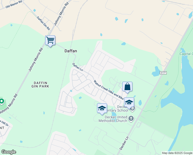 map of restaurants, bars, coffee shops, grocery stores, and more near 7691 Daffan Lane in Austin