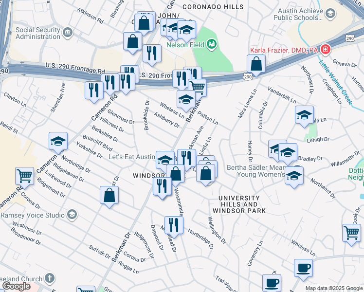map of restaurants, bars, coffee shops, grocery stores, and more near 6301 Berkman Drive in Austin