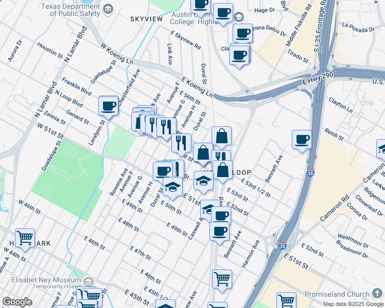 map of restaurants, bars, coffee shops, grocery stores, and more near 5306 Evans Avenue in Austin