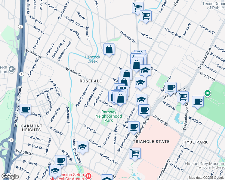 map of restaurants, bars, coffee shops, grocery stores, and more near 4505 Ramsey Avenue in Austin