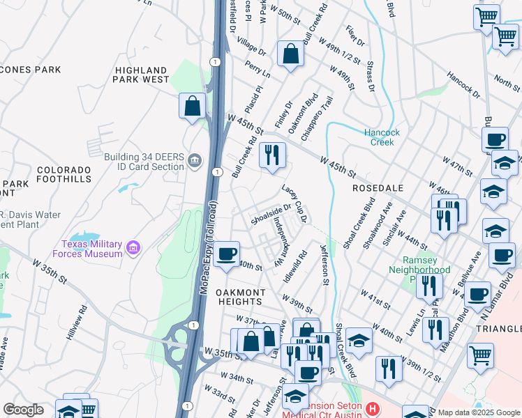 map of restaurants, bars, coffee shops, grocery stores, and more near 4325 Jackson Avenue in Austin
