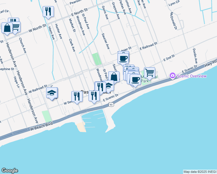 map of restaurants, bars, coffee shops, grocery stores, and more near 165 East 2nd Street in Pass Christian