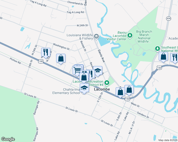 map of restaurants, bars, coffee shops, grocery stores, and more near 61087 North 15th Street in Lacombe