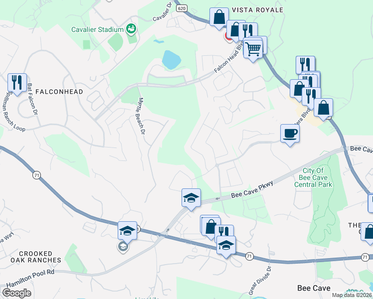 map of restaurants, bars, coffee shops, grocery stores, and more near 3920 Vinalopo Drive in Austin