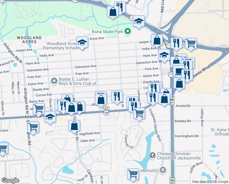 map of restaurants, bars, coffee shops, grocery stores, and more near 8602 Cocoa Avenue in Jacksonville