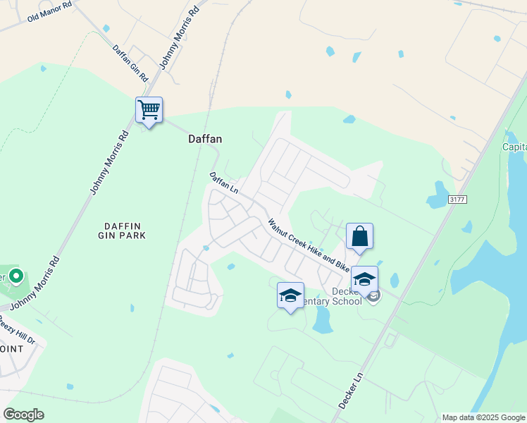 map of restaurants, bars, coffee shops, grocery stores, and more near 7691 Daffan Lane in Austin