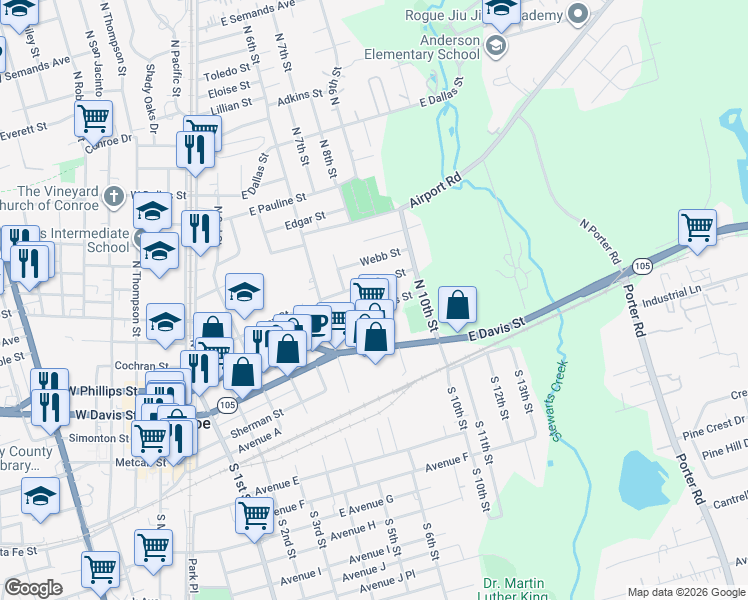 map of restaurants, bars, coffee shops, grocery stores, and more near 716 East Phillips Street in Conroe