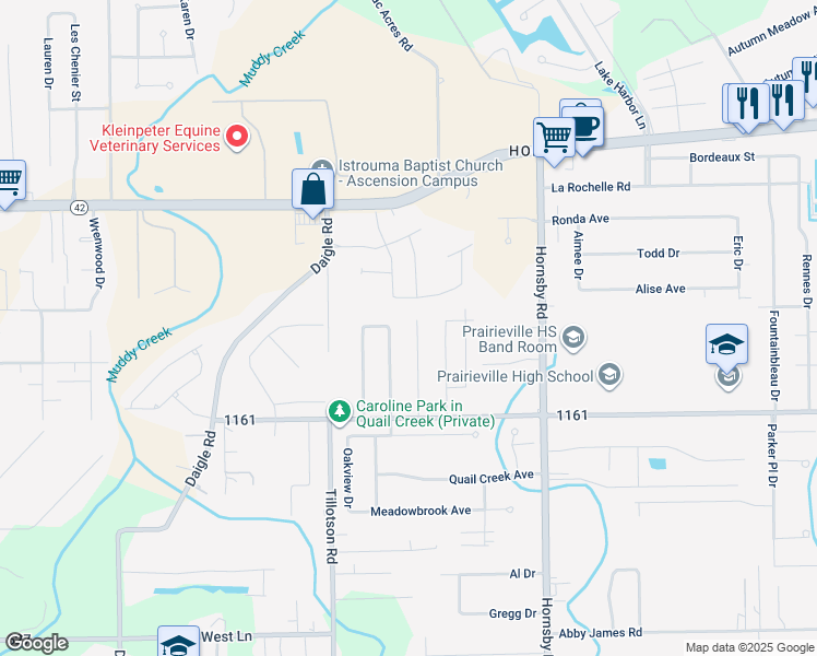 map of restaurants, bars, coffee shops, grocery stores, and more near 39348 Hunters Trace East in Prairieville