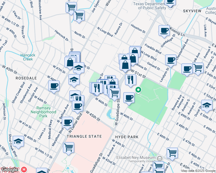 map of restaurants, bars, coffee shops, grocery stores, and more near 4700 1/2 North Lamar Boulevard in Austin