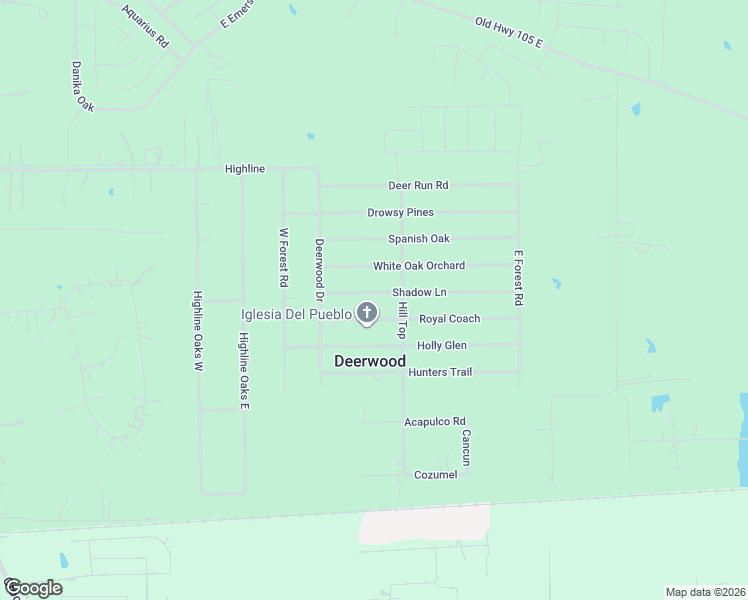 map of restaurants, bars, coffee shops, grocery stores, and more near 17294 Shadow Lane in Conroe