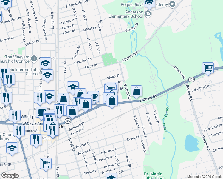map of restaurants, bars, coffee shops, grocery stores, and more near 716 East Phillips Street in Conroe