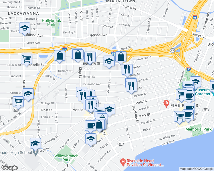 map of restaurants, bars, coffee shops, grocery stores, and more near 2604 Dellwood Avenue in Jacksonville