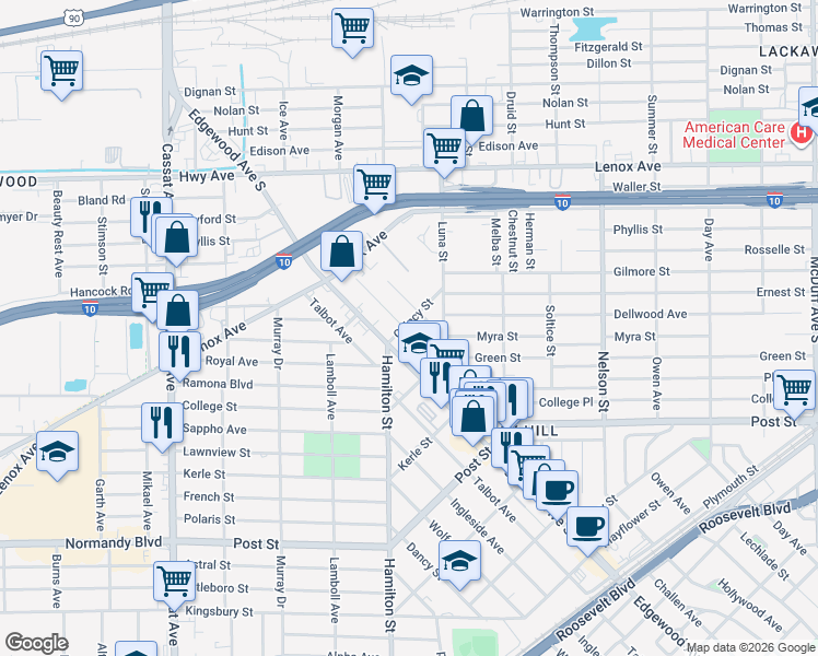 map of restaurants, bars, coffee shops, grocery stores, and more near 603 Meteor Street in Jacksonville