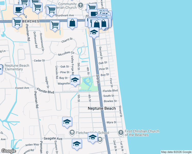 map of restaurants, bars, coffee shops, grocery stores, and more near 1000 3rd Street in Neptune Beach