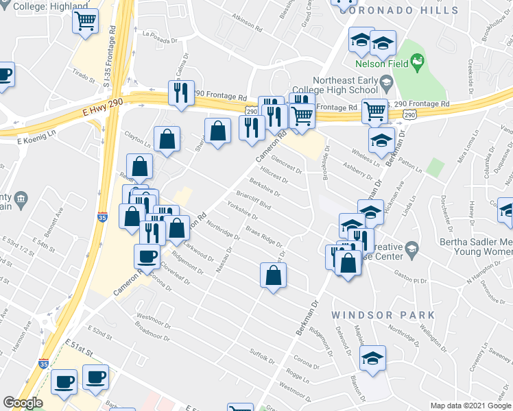 map of restaurants, bars, coffee shops, grocery stores, and more near 1401 Briarcliff Boulevard in Austin