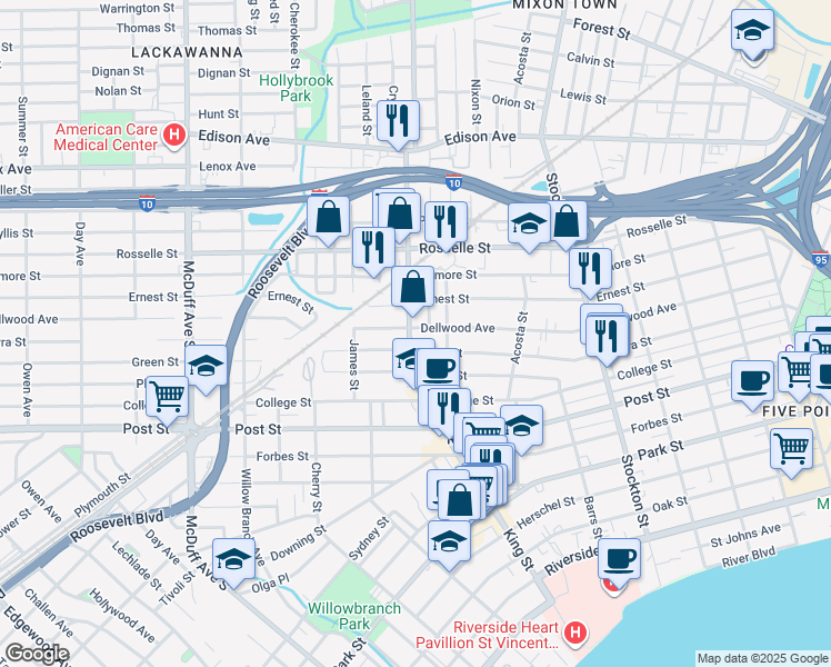 map of restaurants, bars, coffee shops, grocery stores, and more near 2704 Dellwood Avenue in Jacksonville