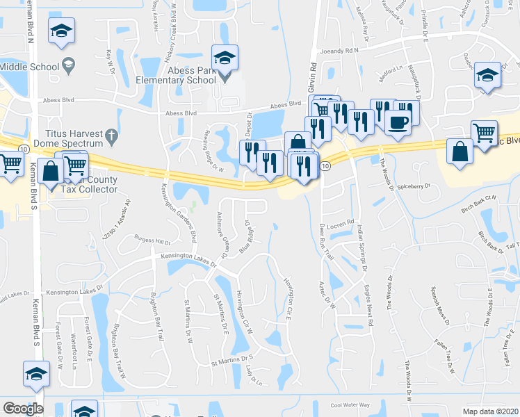map of restaurants, bars, coffee shops, grocery stores, and more near 12639 Ashmore Green Drive South in Jacksonville