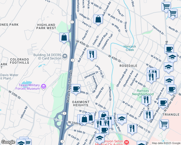 map of restaurants, bars, coffee shops, grocery stores, and more near 4325 Jackson Avenue in Austin