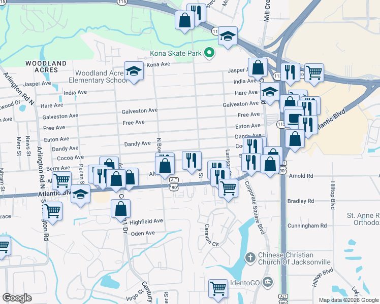 map of restaurants, bars, coffee shops, grocery stores, and more near 8602 Cocoa Avenue in Jacksonville