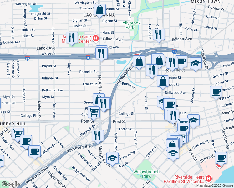 map of restaurants, bars, coffee shops, grocery stores, and more near 817 Willow Branch Avenue in Jacksonville