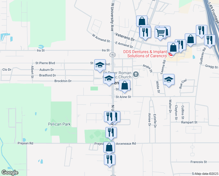 map of restaurants, bars, coffee shops, grocery stores, and more near 4301 North University Avenue in Carencro