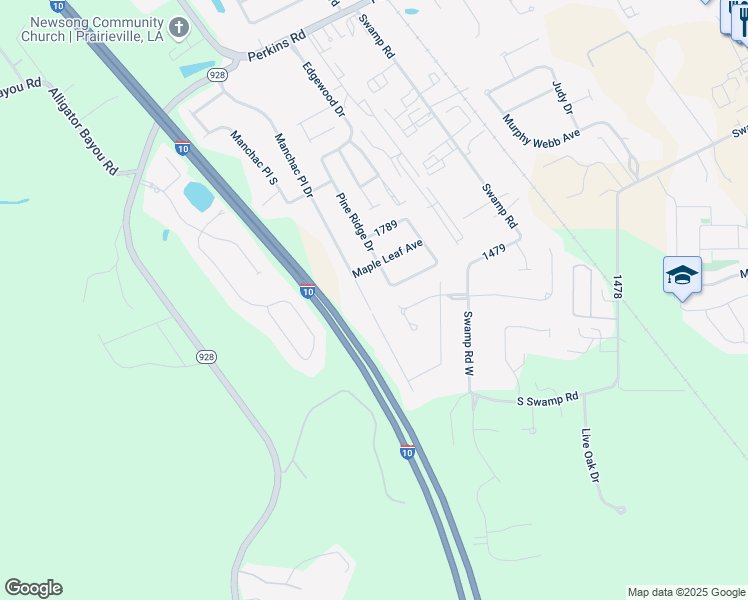 map of restaurants, bars, coffee shops, grocery stores, and more near 18006 Manchac Place Drive in Prairieville