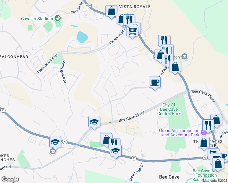 map of restaurants, bars, coffee shops, grocery stores, and more near 4104 Gandara Bend in Bee Cave
