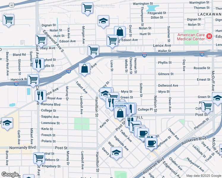 map of restaurants, bars, coffee shops, grocery stores, and more near 629 Comet Street in Jacksonville