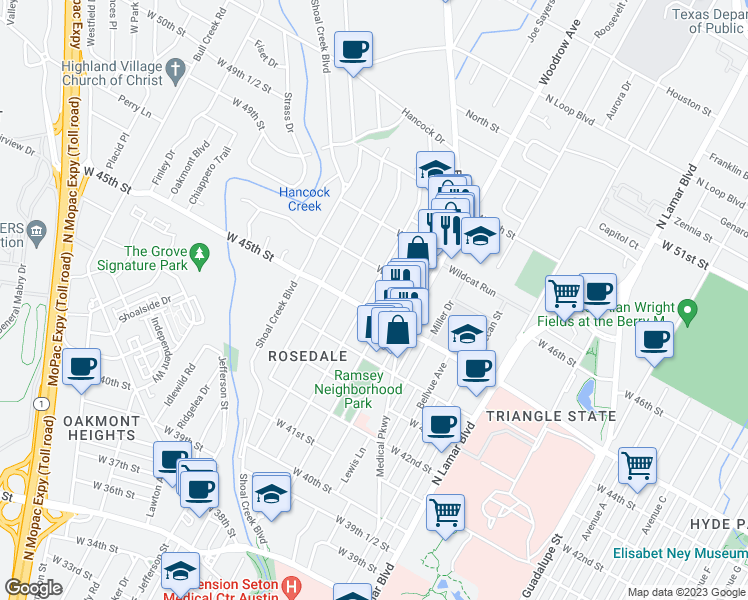 map of restaurants, bars, coffee shops, grocery stores, and more near 4505 Ramsey Avenue in Austin