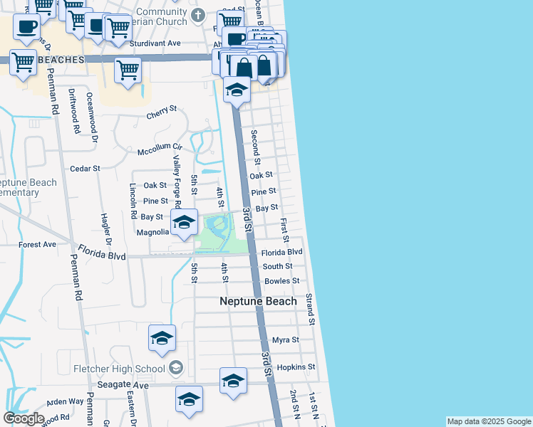 map of restaurants, bars, coffee shops, grocery stores, and more near 1007 Second Street in Neptune Beach
